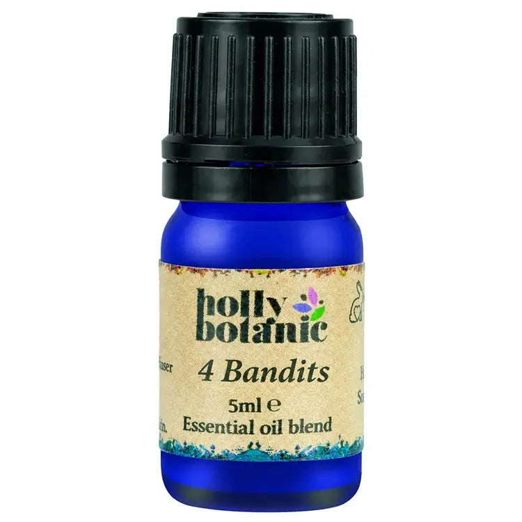 4 bandits essential oil blend presented in a blue glass recyclable dropper bottle