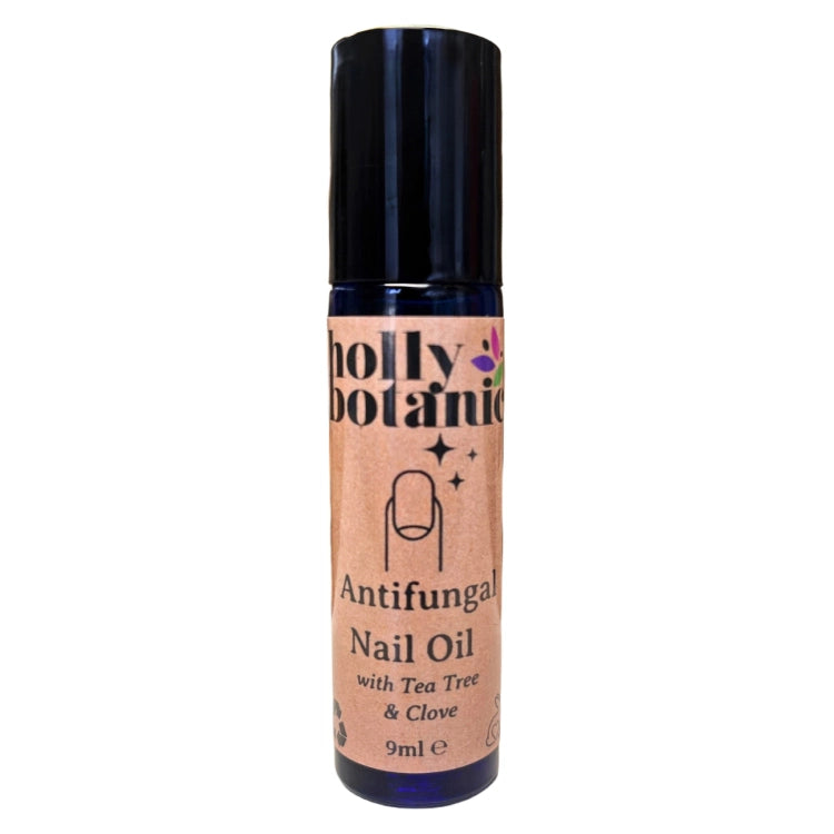 antifungal nail oil made with natural oils supplied in a glass rollerball bottle. Lid on