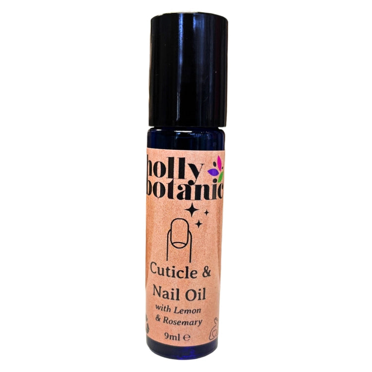 a vegan-friendly, cruelty-free cuticle and nail oil in a blue glass bottle. Lid on