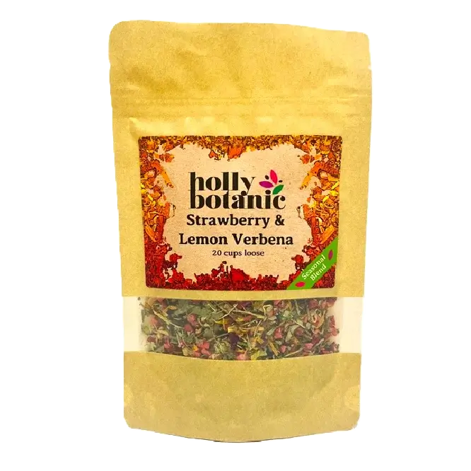 Strawberry and lemon verbena summer seasonal tisane, 20 cups loose, front view of pouch
