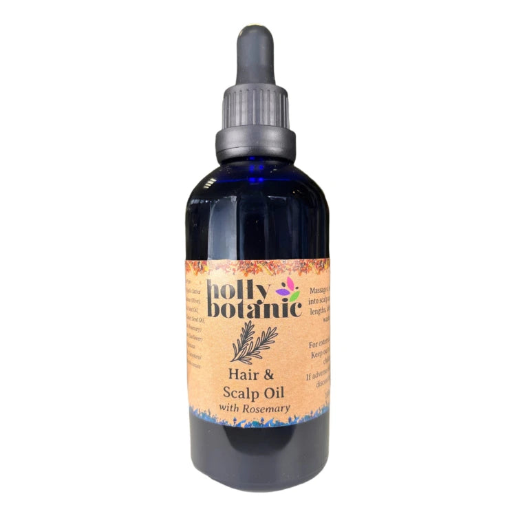 rosemary hair and scalp oil supplied in a blue glass, recyclable dropper bottle. 100ml
