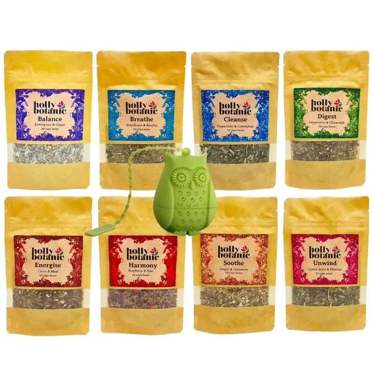 Tisane Bundle contains 6 x 20 cup pouches of Holly Botanic loose tisanes with free infuser