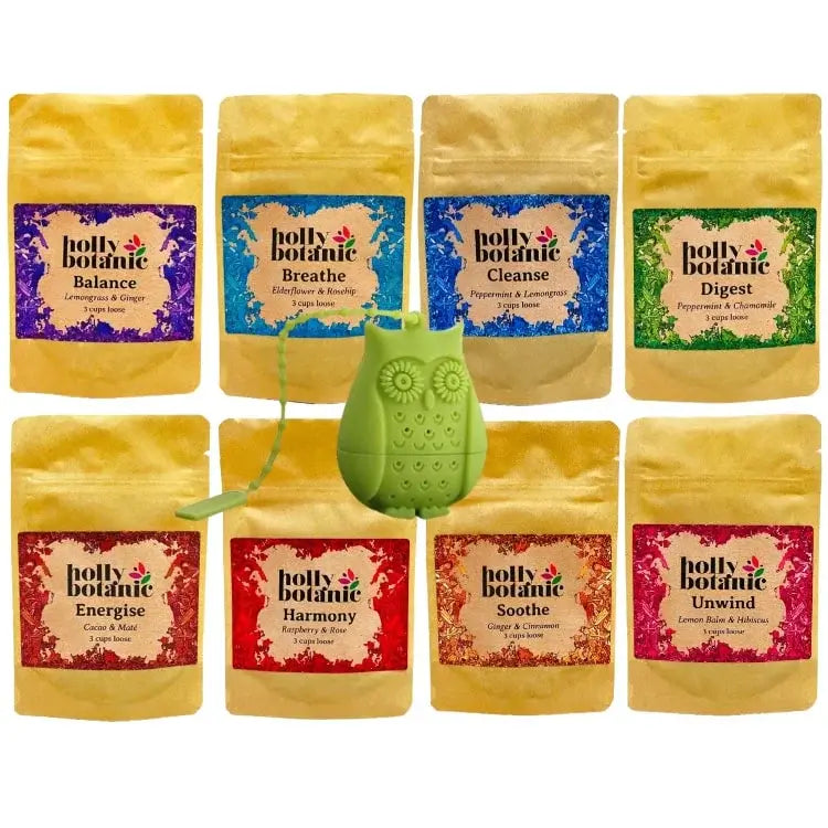 Tisane taster bundle from Holly Botanic. 8 x 3 cup loose tisanes with free infuser.