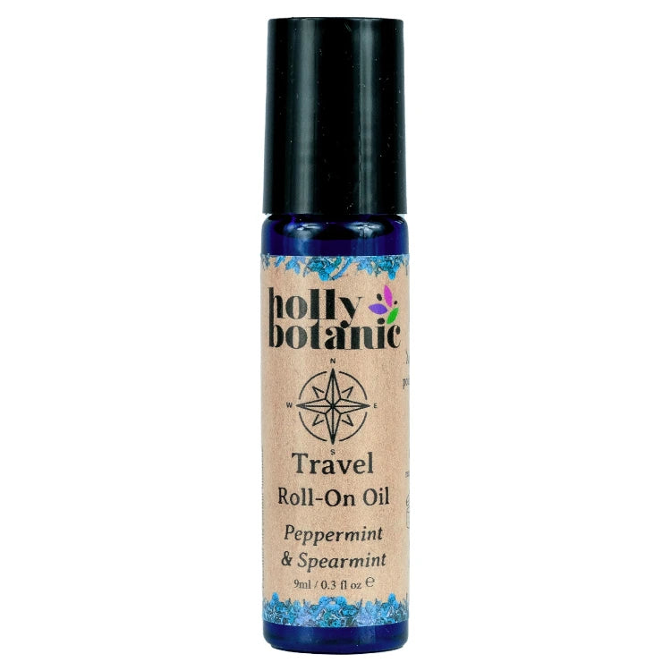 a blend of essential oils in a rollball bottle designed to ease travel worries and motion sickness. Lid On