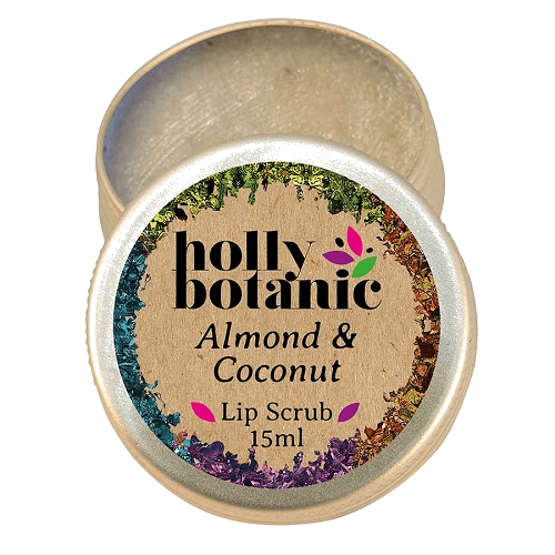 Almond & Coconut Lip Scrub from Holly Botanic, lid off.