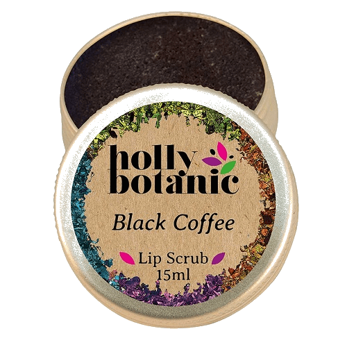 Black coffee lip scrub in 15ml tin, lid open.