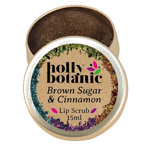 Brown sugar and cinnamon lip scrub, lid off 