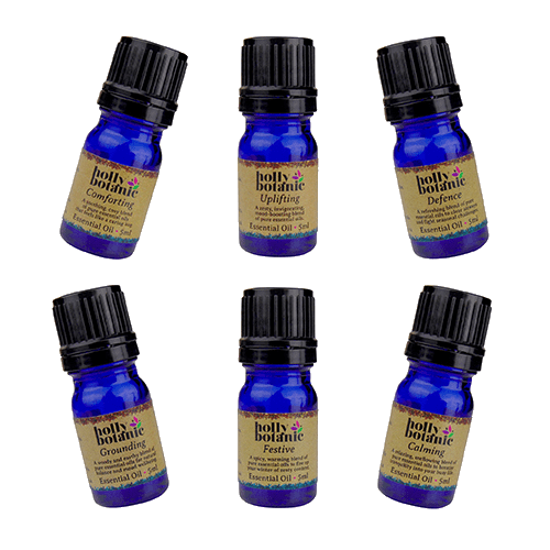 One 5ml bottle of each of the six essential oil blends from Holly Botanic.