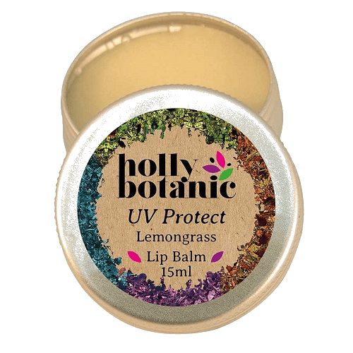 UV protect lip balm with lemongrass and peppermint and zinc oxide in 15m tin with lid open. 