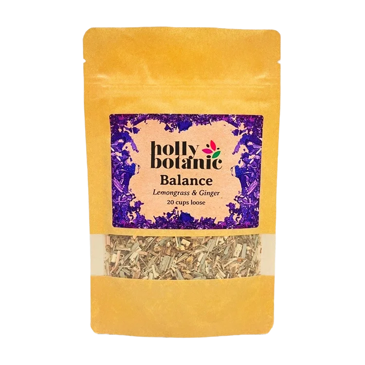 Balance tisane combines lemongrass, gingner, gotu kola and ashwagandha to manage stress