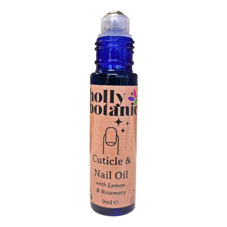 a vegan-friendly, cruelty-free cuticle and nail oil in a blue glass bottle. Lid Off