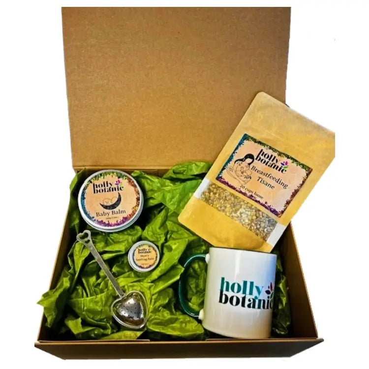 New mum gift sets combines handmade, unique and natural products for a new mum presented in a magnetic-close cardboard gift box.