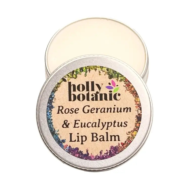 a natural, handmade lip balm with rose geranium and eucalyptus essential oils presented in a recyclable, aluminium tin.