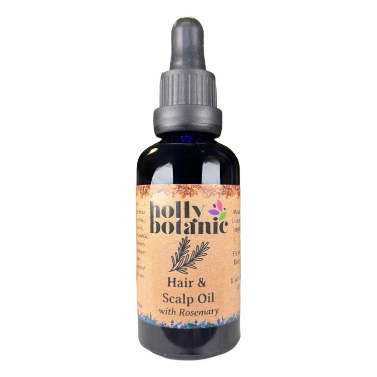rosemary hair and scalp oil supplied in a blue glass, recyclable dropper bottle. 50ml