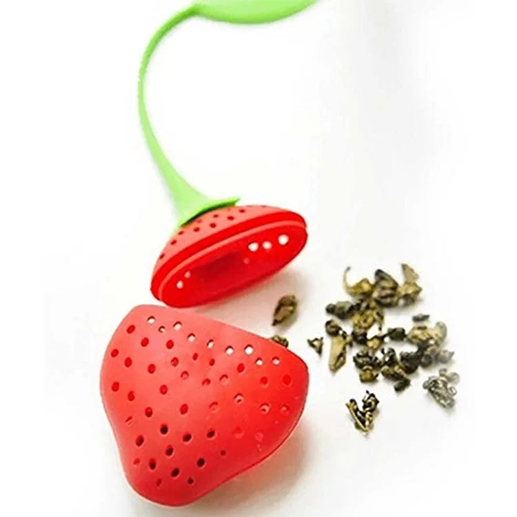 Silicone strawberry tea/tisane infuser for use with loose tea. - Open