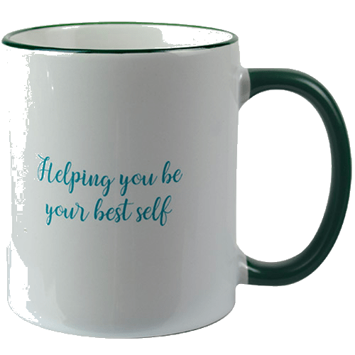 Reverse of Holly Botanic mug with logo and motto and green handle and rim. 